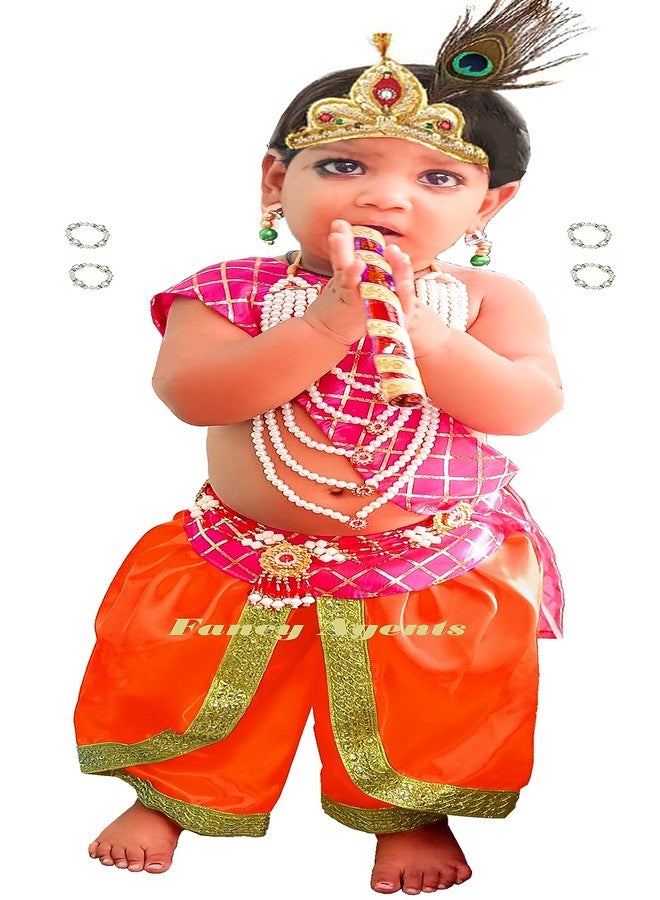 Fancy Agents Lord Krishna Costume for Kids| Baby Krishna Dress for Janmashtami| Fancy Dress Costume for Baby Boys/Girls| Krishna Dress for Kids without cummerbund (3-4 Years, Orange) - Image 2